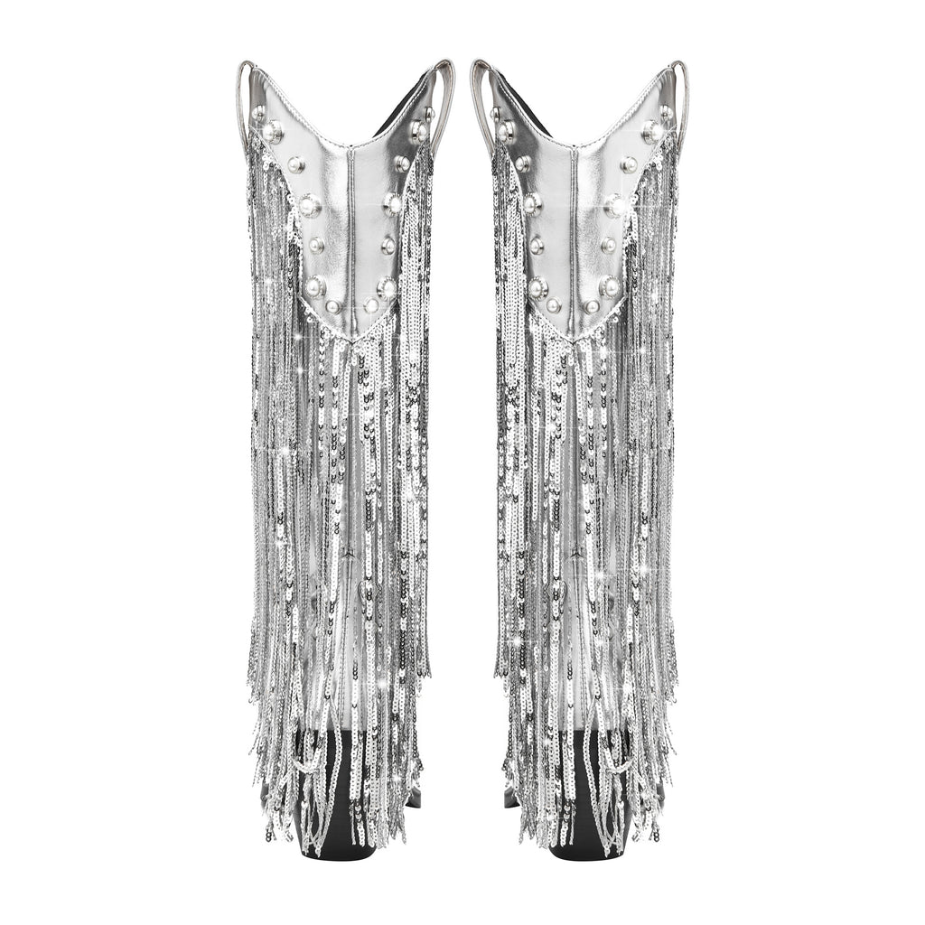 Sequin Tassel Pointed Sleeve High Leg Boot